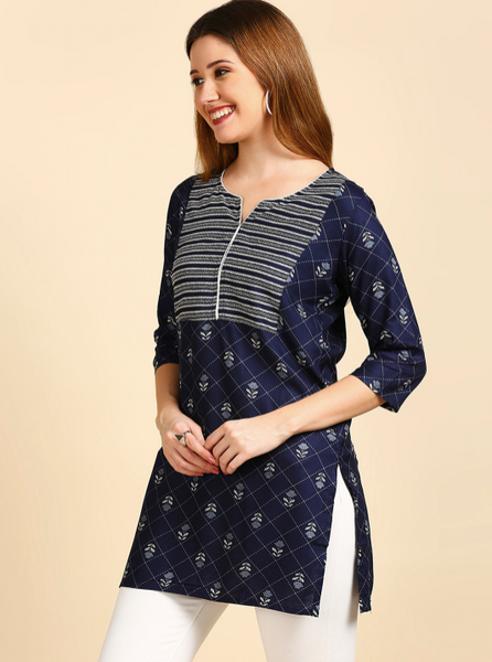 Navy Blue & White Printed Kurti vitansethnics