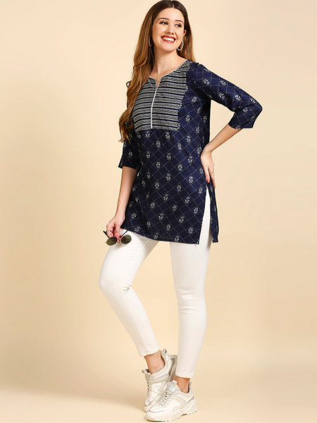 Navy Blue & White Printed Kurti vitansethnics