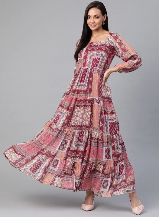 Pink & Peach-Colored Ethnic Motifs Tiered Maxi Dress vitansethnics