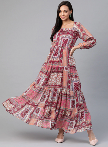 Pink & Peach-Colored Ethnic Motifs Tiered Maxi Dress vitansethnics