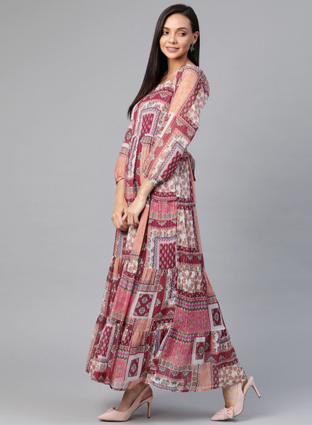Pink & Peach-Colored Ethnic Motifs Tiered Maxi Dress vitansethnics
