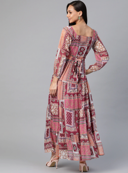 Pink & Peach-Colored Ethnic Motifs Tiered Maxi Dress vitansethnics