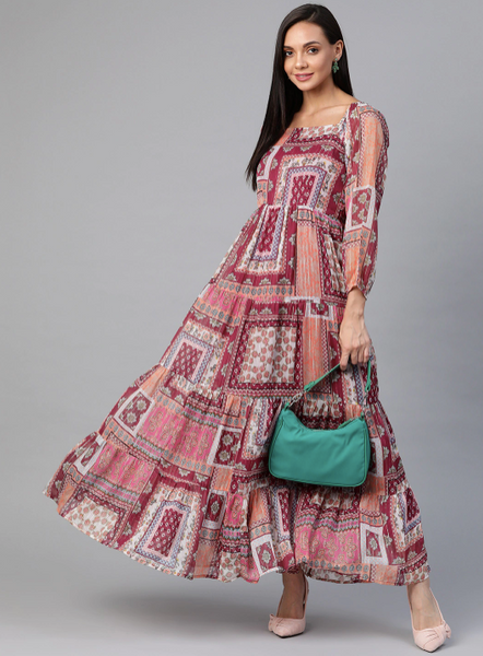 Pink & Peach-Colored Ethnic Motifs Tiered Maxi Dress vitansethnics