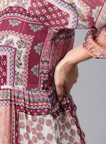 Pink & Peach-Colored Ethnic Motifs Tiered Maxi Dress vitansethnics