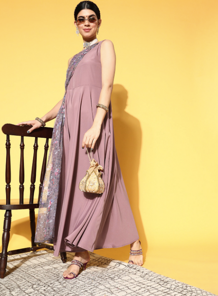 Mauve Floral Print Maxi Dress VitansEthnics