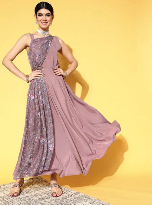 Mauve Floral Print Maxi Dress VitansEthnics