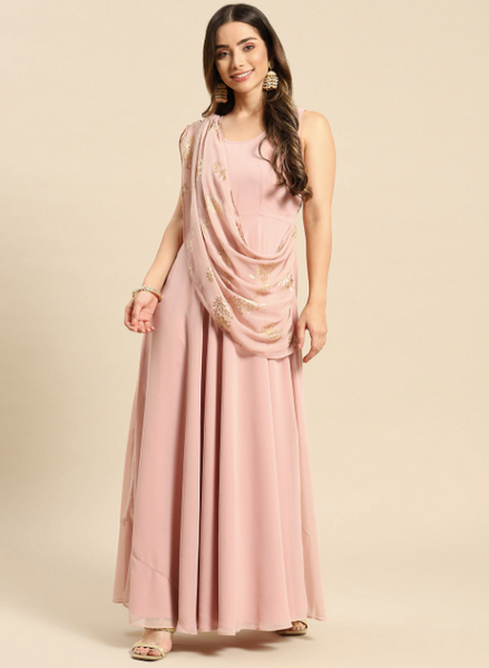 Pink Layered Georgette Maxi Dress With Dupatta Drape VitansEthnics