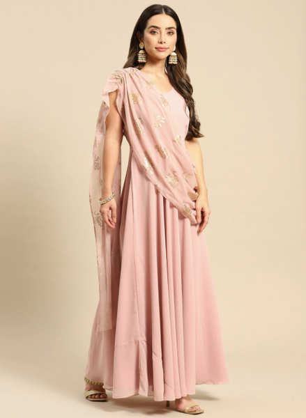 Pink Layered Georgette Maxi Dress With Dupatta Drape VitansEthnics