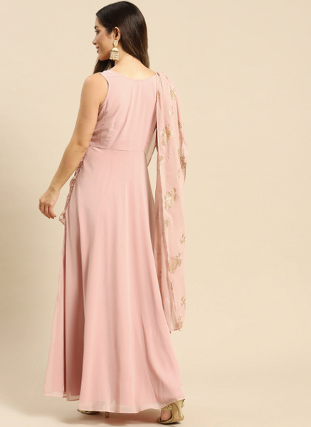 Pink Layered Georgette Maxi Dress With Dupatta Drape VitansEthnics