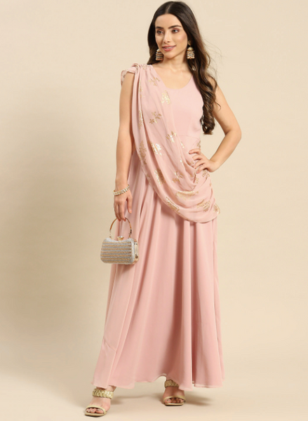 Pink Layered Georgette Maxi Dress With Dupatta Drape VitansEthnics