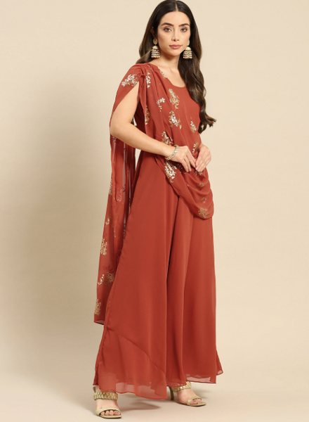 Rust Layered Georgette Maxi Dress With Dupatta Drape VitansEthnics