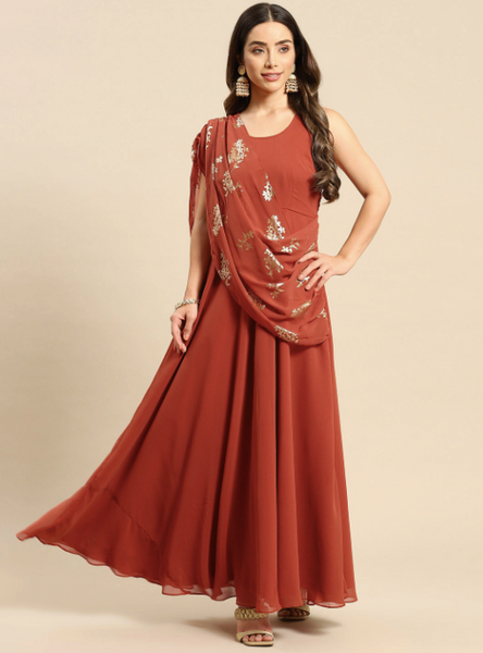 Rust Layered Georgette Maxi Dress With Dupatta Drape VitansEthnics