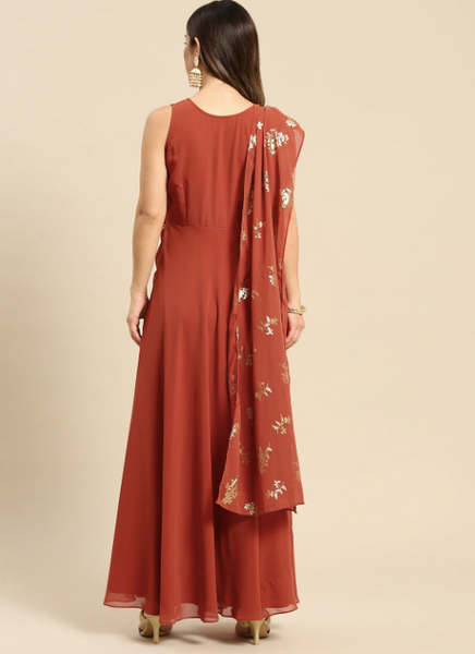 Rust Layered Georgette Maxi Dress With Dupatta Drape VitansEthnics