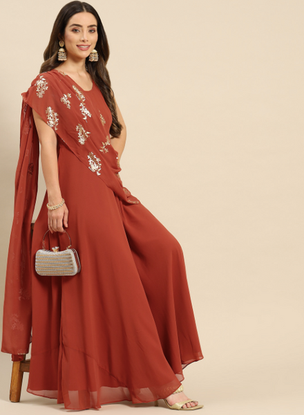 Rust Layered Georgette Maxi Dress With Dupatta Drape VitansEthnics
