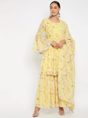 Women Yellow Floral Print Sharara Set With Dupatta VitansEthnics