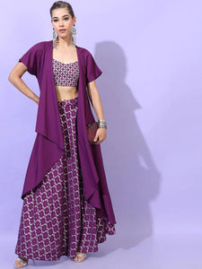 Women Purple Panelled Crop Top With Skirt And Long Jacket vitansethnics