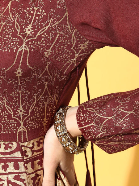 Women Maroon Ethnic Motifs Swirling Volume Dress VitansEthnics
