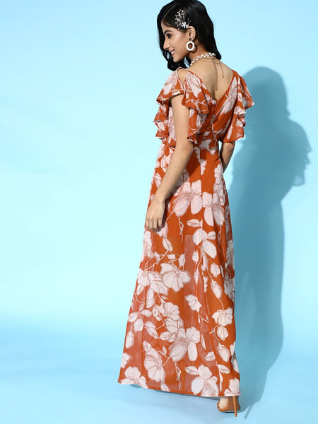 Women Stylish Mustard Floral Ruffled Dress VitansEthnics