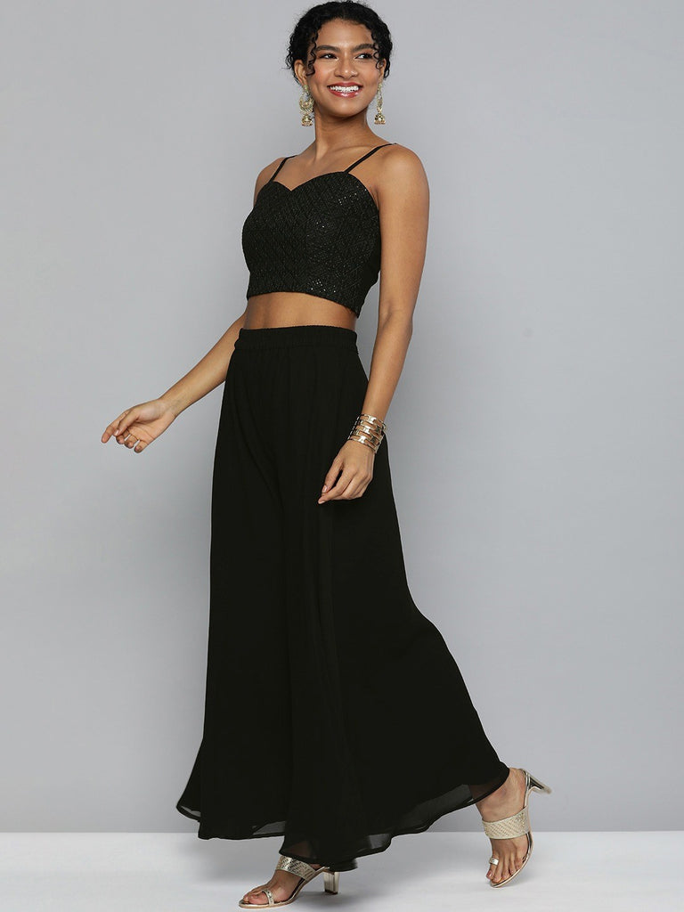 Women Black Embroidered Sequin Crop Top With Palazzo Pants And Shrug -  VitansEthnics