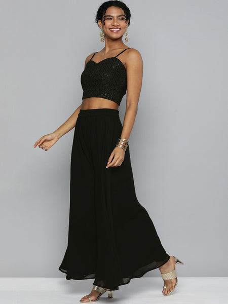 Women Black Embroidered Sequin Crop Top With Palazzo Pants And Shrug VitansEthnics