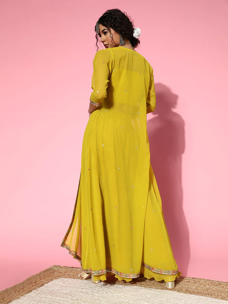 Women Elegant Mustard Self-Design Top with Solid Palazzos VitansEthnics