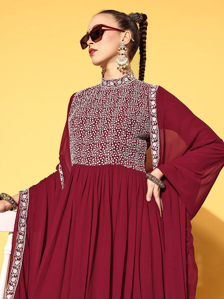 Women Maroon Embroidered Gown with Dupatta VitansEtnics