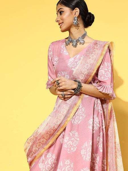 Women Pretty Pink Ethnic Motifs Draped Luxe Dress VitansEthnics