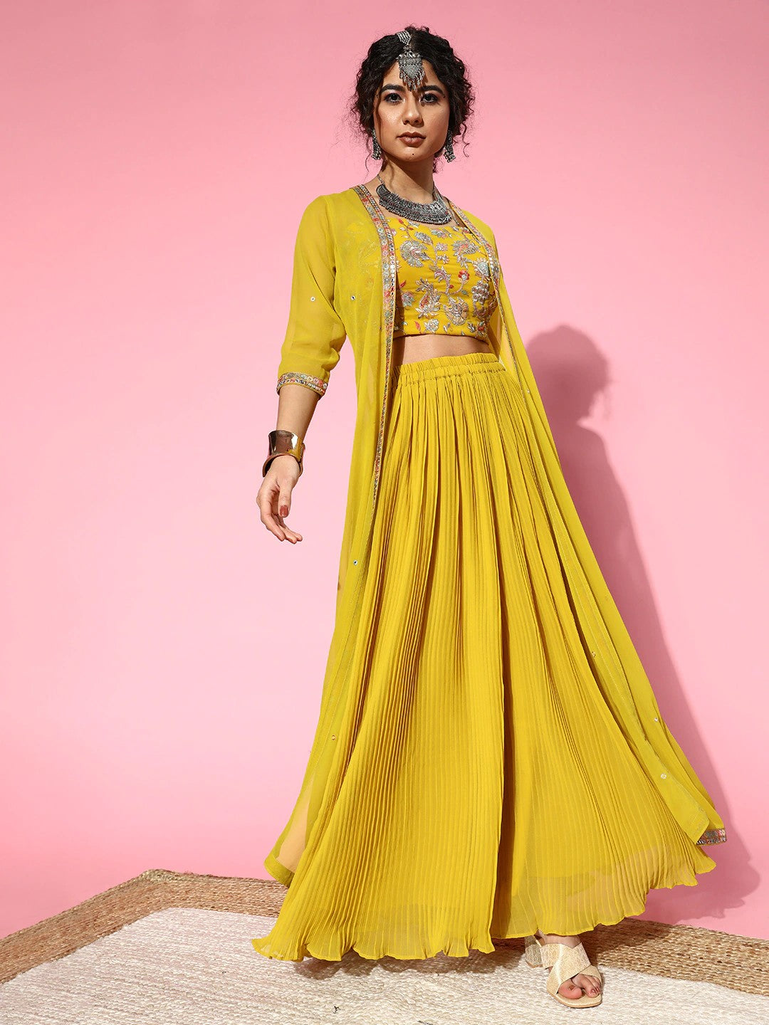 Women Elegant Mustard Self-Design Top with Solid Palazzos VitansEthnics