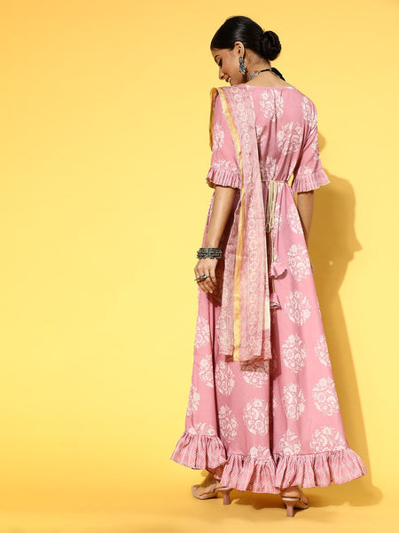 Women Pretty Pink Ethnic Motifs Draped Luxe Dress VitansEthnics