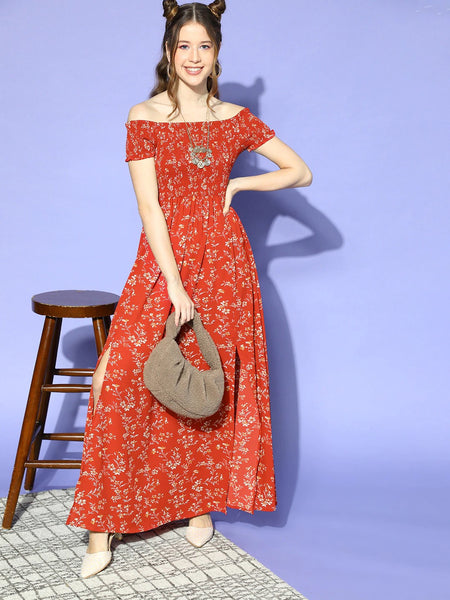 Women Gorgeous Red Floral Volume Play Dress VitansEtnics