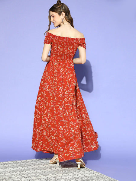 Women Gorgeous Red Floral Volume Play Dress VitansEtnics
