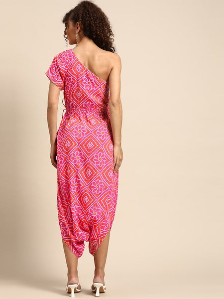 One Shoulder Bandhani Print Dhoti Jumpsuit vitansethnics