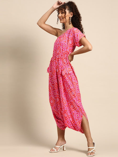 One Shoulder Bandhani Print Dhoti Jumpsuit vitansethnics