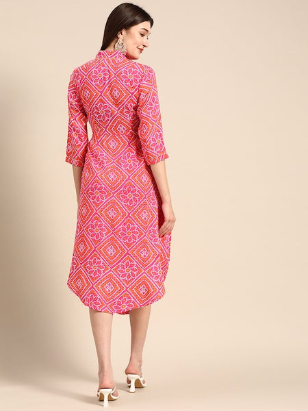 Front Cowl Chinese Collar Printed Dress VitansEthnics