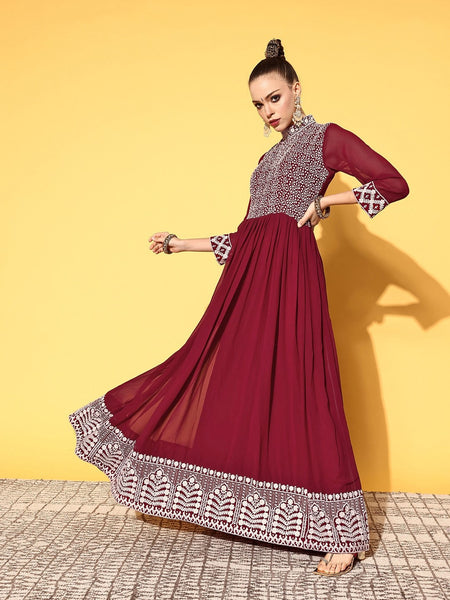 Women Maroon Embroidered Gown with Dupatta VitansEtnics