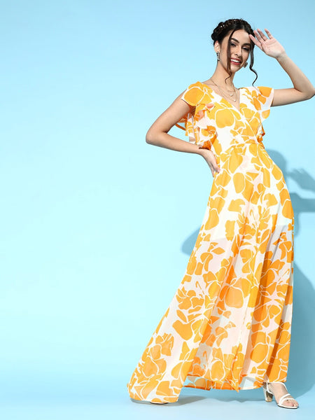 Women Stylish Mustard Floral Ruffled Dress VitansEthnics