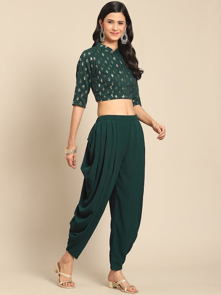 Green Sequin Crop Top With Dhoti Pants And Dupatta Set vitansethnics