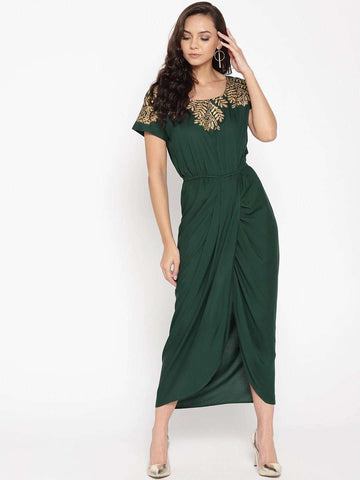 Gold Block Print Front Pleated Side Cowl Dress vitansethnics
