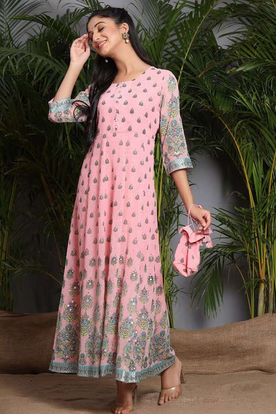 Pink & Green Printed Maxi Dress vitansethnics