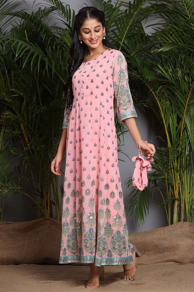 Pink & Green Printed Maxi Dress vitansethnics