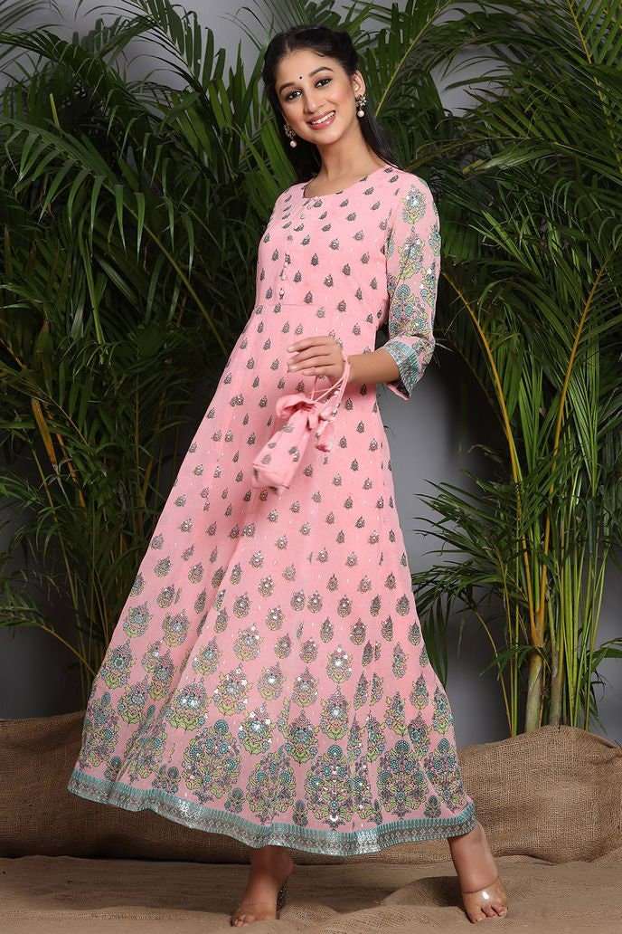 Pink & Green Printed Maxi Dress vitansethnics