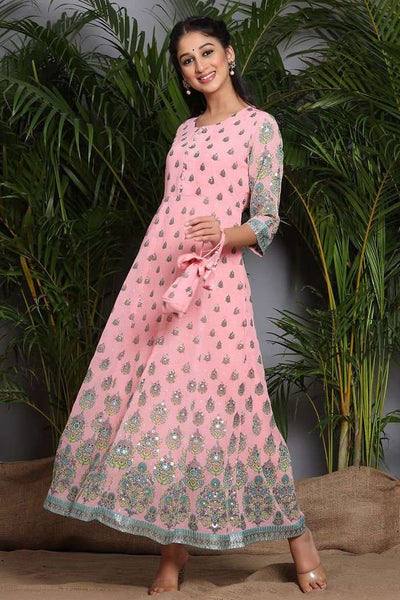 Pink & Green Printed Maxi Dress vitansethnics