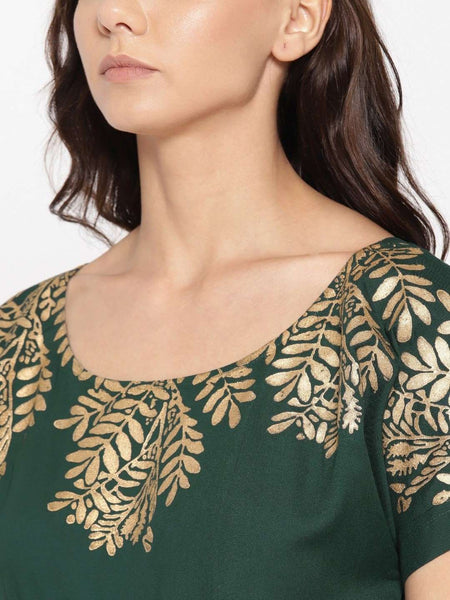 Gold Block Print Front Pleated Side Cowl Dress vitansethnics