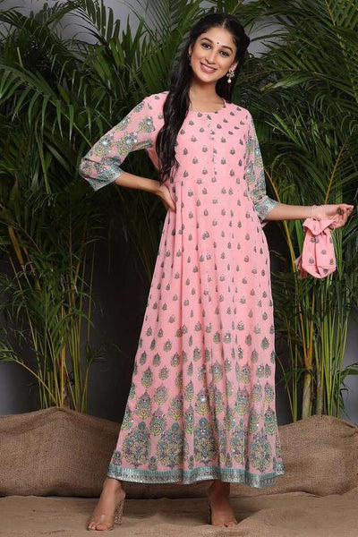 Pink & Green Printed Maxi Dress vitansethnics