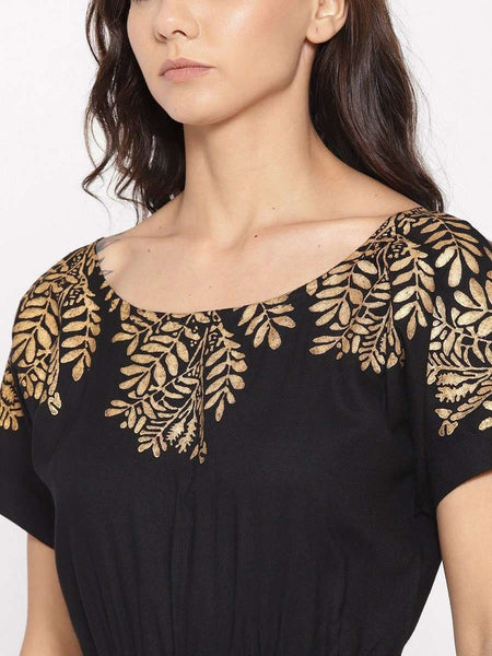 Gold Block Print Front Pleated Side Cowl Dress vitansethnics