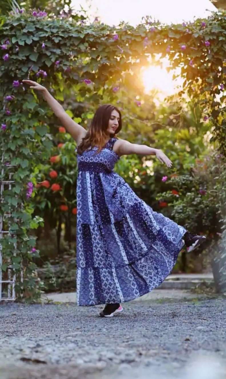 Navy Blue and White Geometric Printed Maxi Tiered Dress vitansethnics