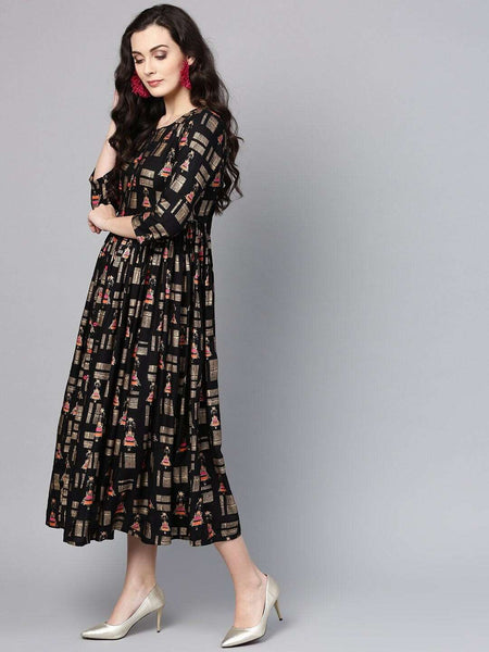 Black Quirky Print Empire Dress vitansethnics