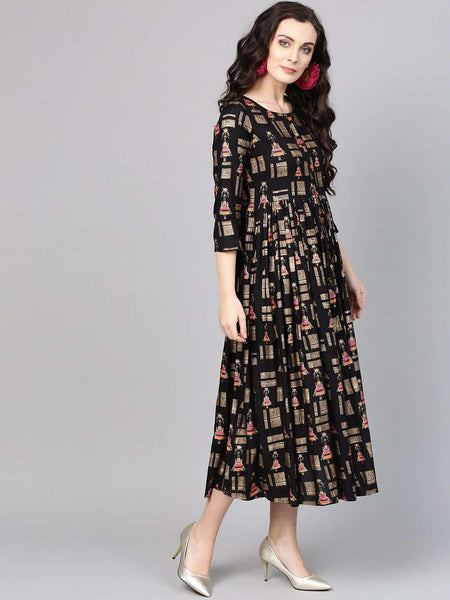 Black Quirky Print Empire Dress vitansethnics