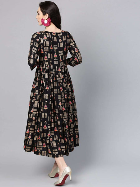 Black Quirky Print Empire Dress vitansethnics