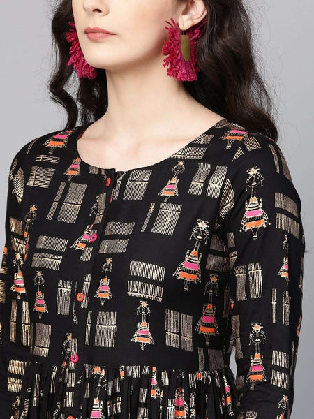 Black Quirky Print Empire Dress vitansethnics
